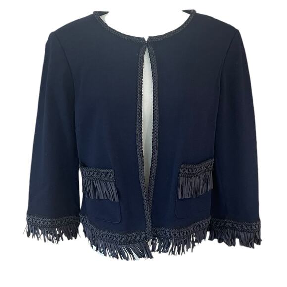 St. John Navy Blue Wool Blend Fringe 3/4 Sleeve Blazer Jacket- EUC- Size‎ 10 - Picture 1 of 11